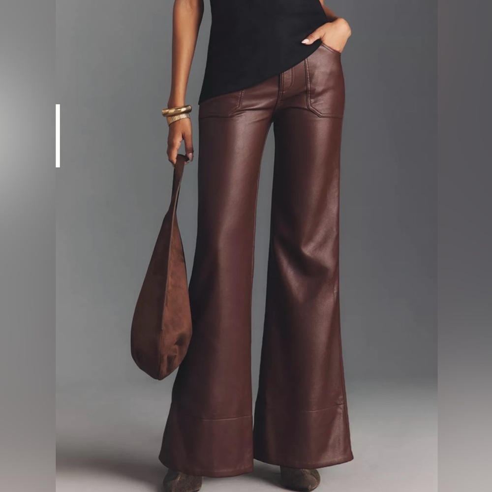Anthropologie Rylan Faux Leather Relaxed High-Rise Flare Pants - Cocoa Plum, 29